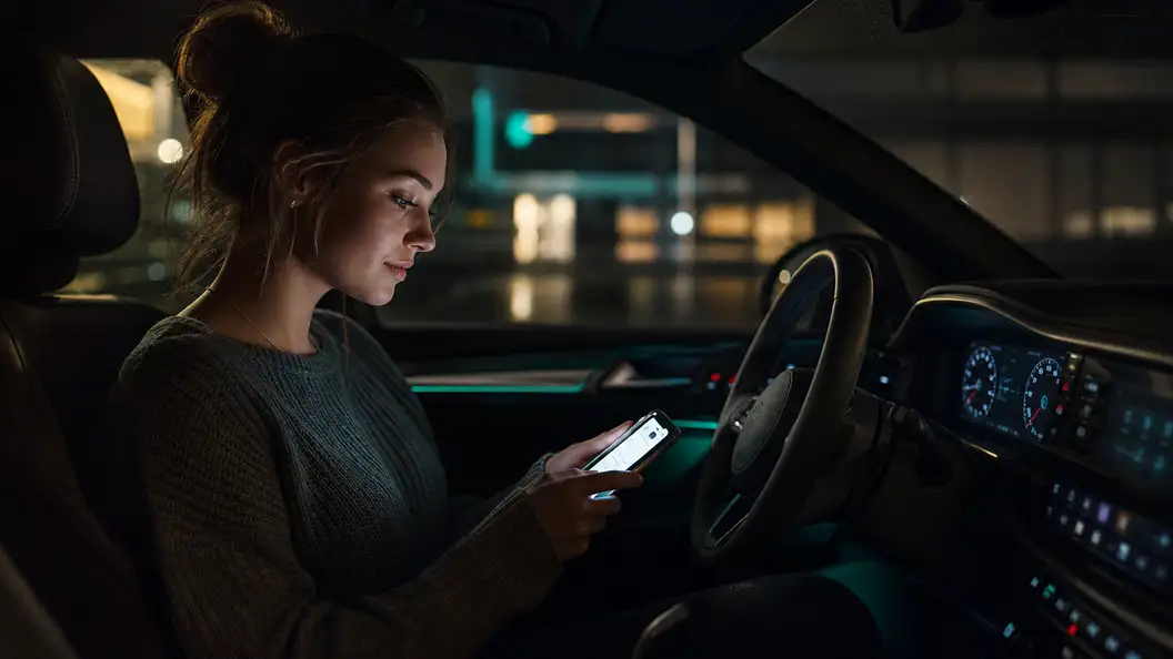 Fahrschülerin bucht ihre nächste Fahrstunde am Smartphone im Auto