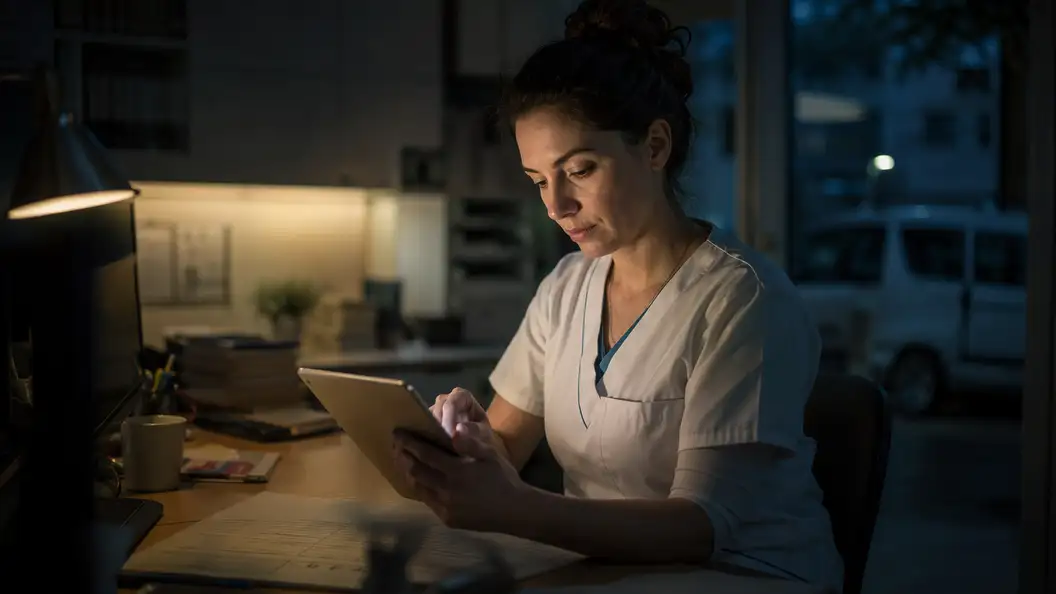 Pflegekraft prüft morgens den Tourenplan auf einem Tablet